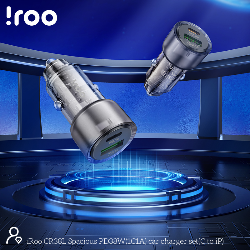 iRoo CR38L | Fast PD38W Dual Ports (1C/1A) Car Charger with USB C-L Cable